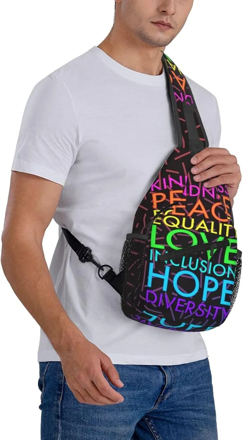Kindness Peace Equality Love Inclusion Hope Diversity Crossbody Backpack For Men Women Sling Shoulder Dachshunds Dog Chest Bag Lightweight One Strap Multipurpose Travel Hiking Daypack