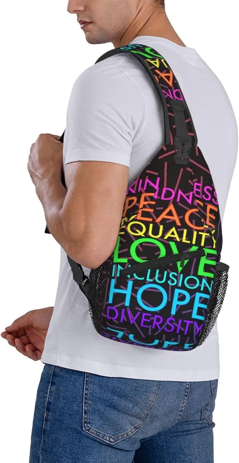 Kindness Peace Equality Love Inclusion Hope Diversity Crossbody Backpack For Men Women Sling Shoulder Dachshunds Dog Chest Bag Lightweight One Strap Multipurpose Travel Hiking Daypack