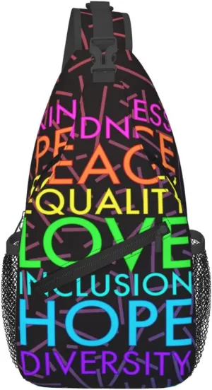 Kindness Peace Equality Love Inclusion Hope Diversity Crossbody Backpack For Men Women Sling Shoulder Dachshunds Dog Chest Bag Lightweight One Strap Multipurpose Travel Hiking Daypack