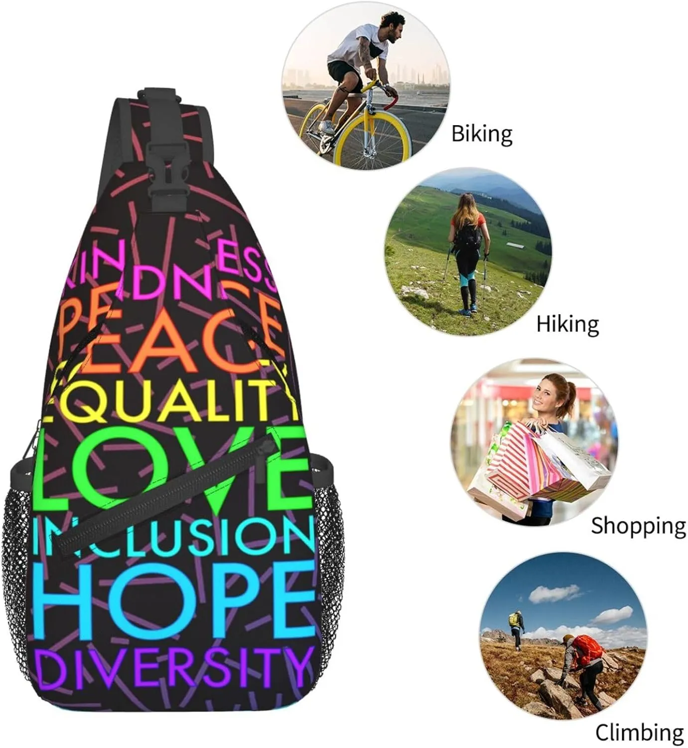 Kindness Peace Equality Love Inclusion Hope Diversity Crossbody Backpack For Men Women Sling Shoulder Dachshunds Dog Chest Bag Lightweight One Strap Multipurpose Travel Hiking Daypack