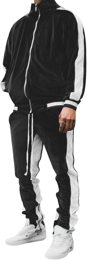 KISSQIQI Men's 2 Pieces Full Zip Tracksuits Golden Velvet Sport Suits Casual Outfits Jacket & Pants Fitness Tracksuit Set