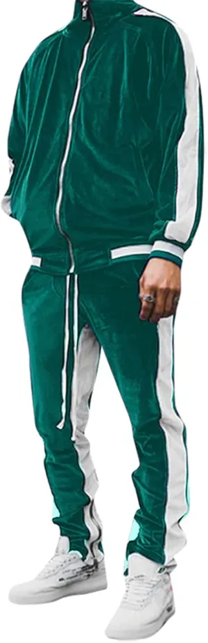KISSQIQI Men's 2 Pieces Full Zip Tracksuits Golden Velvet Sport Suits Casual Outfits Jacket & Pants Fitness Tracksuit Set