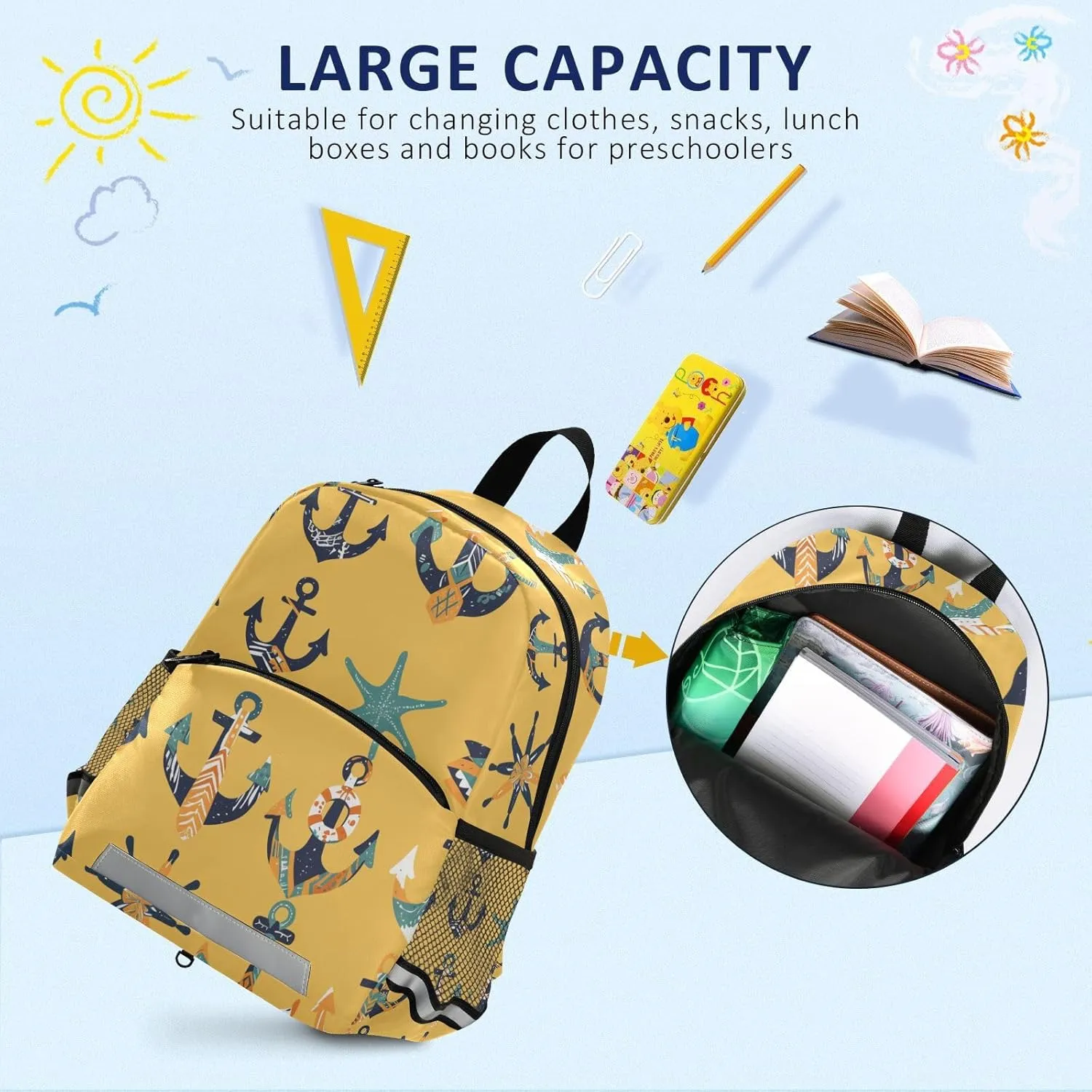 KLL Cute Backpack for Kindergarten Hand Drawn Sea Ship Ocean Mini Travel Daypack Schoolbag with Reflective Strips