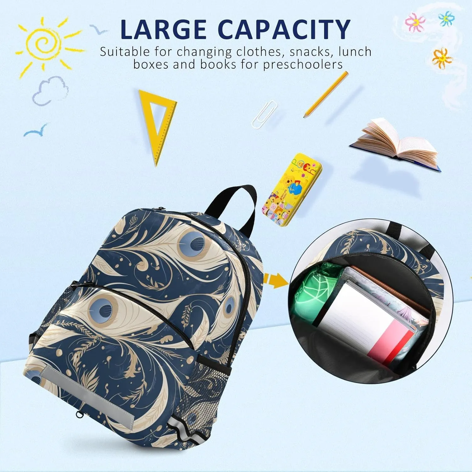KLL Mini Backpack for Kindergarten Peacock Feather Pattern Cute Travel Outdoor Daypack School Bags
