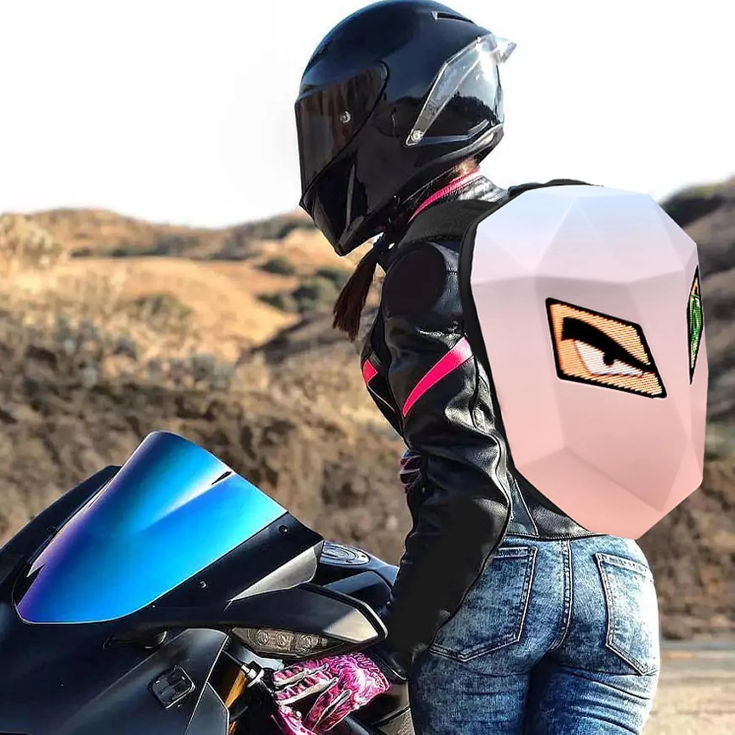 Knight LED Motorcycle Backpack, Hard Case Riding Backpack DIY Motorbike Luggage Laptop Bag Waterproof, Large Size 19inch (Pink)