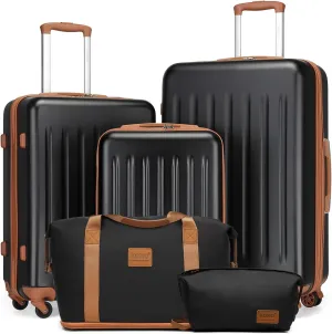 Kono Luggage Sets 5 Piece with Travel Duffel Bag, Expandable(Only 28") Suitcase Set ABS Hard Case Luggage with Spinner Wheels Durable Travel (Black Brown, 5 Piece Set)
