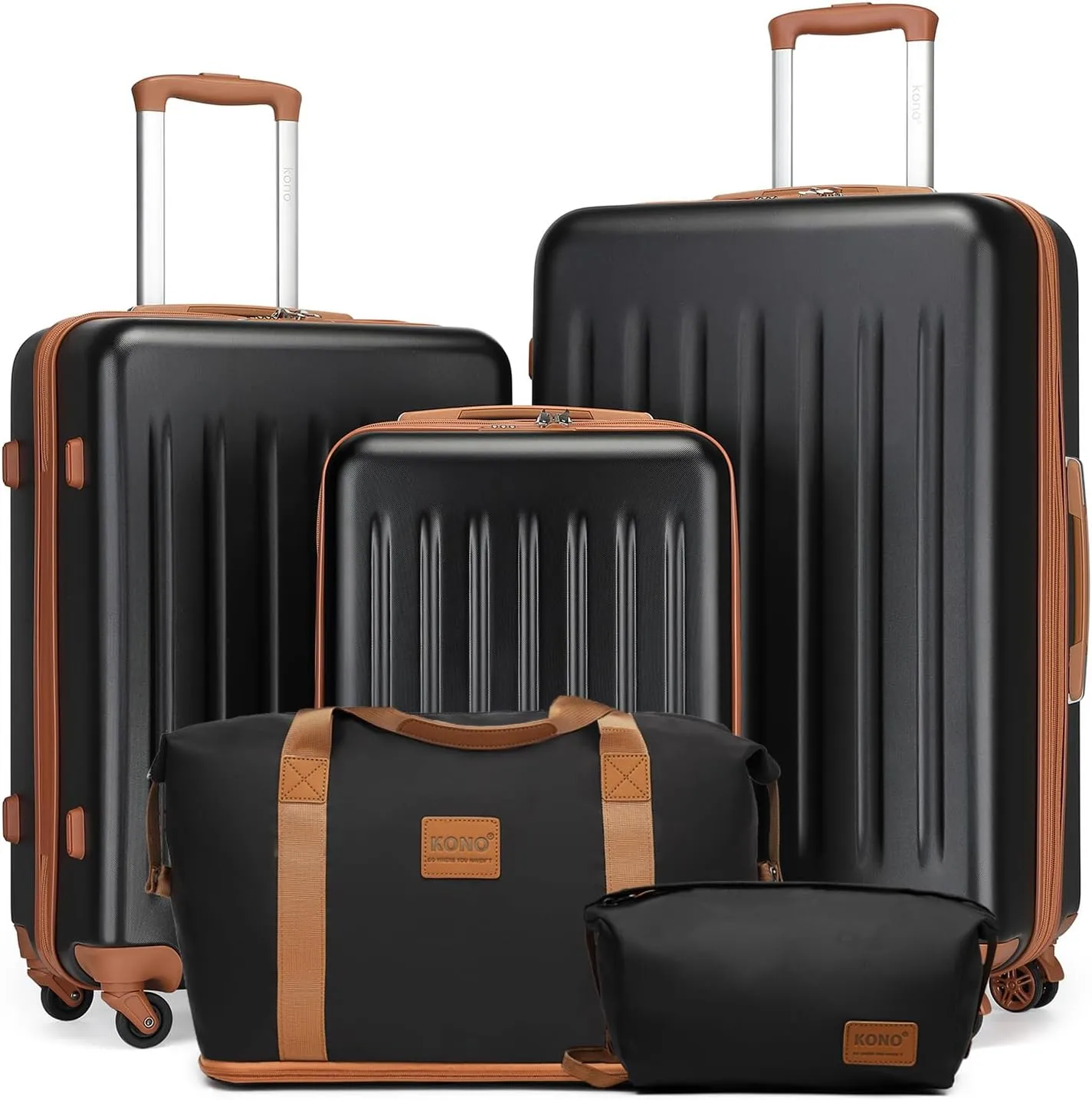 Kono Luggage Sets 5 Piece with Travel Duffel Bag, Expandable(Only 28") Suitcase Set ABS Hard Case Luggage with Spinner Wheels Durable Travel (Black Brown, 5 Piece Set)