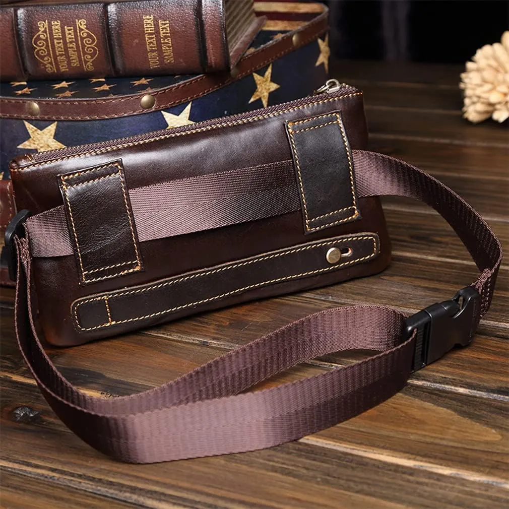 KPYWZER Vintage Leather Waist Bag Fanny Pack for Men Women Hip Bum Bag Belt Slim Cell Phone Purse Wallet Retro Crossbody Sling Pouch Brown