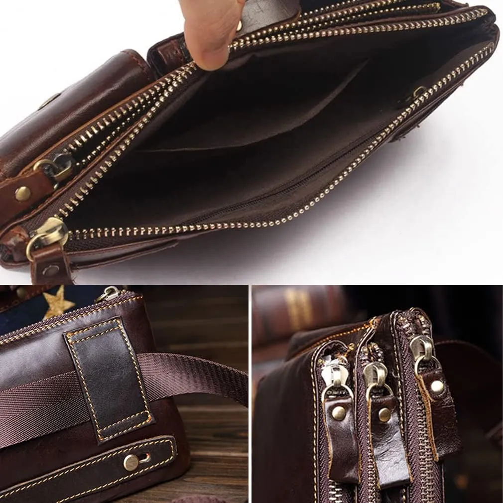 KPYWZER Vintage Leather Waist Bag Fanny Pack for Men Women Hip Bum Bag Belt Slim Cell Phone Purse Wallet Retro Crossbody Sling Pouch Brown