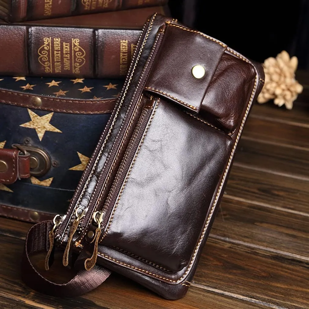 KPYWZER Vintage Leather Waist Bag Fanny Pack for Men Women Hip Bum Bag Belt Slim Cell Phone Purse Wallet Retro Crossbody Sling Pouch Brown