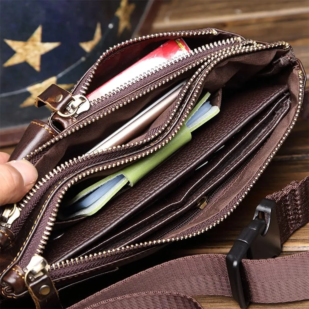 KPYWZER Vintage Leather Waist Bag Fanny Pack for Men Women Hip Bum Bag Belt Slim Cell Phone Purse Wallet Retro Crossbody Sling Pouch Brown