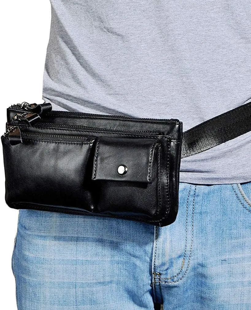 KPYWZER Vintage Leather Waist Bag Fanny Pack for Men Women Hip Bum Bag Belt Slim Cell Phone Purse Wallet Vintage Retro Crossbody Sling Pouch Black