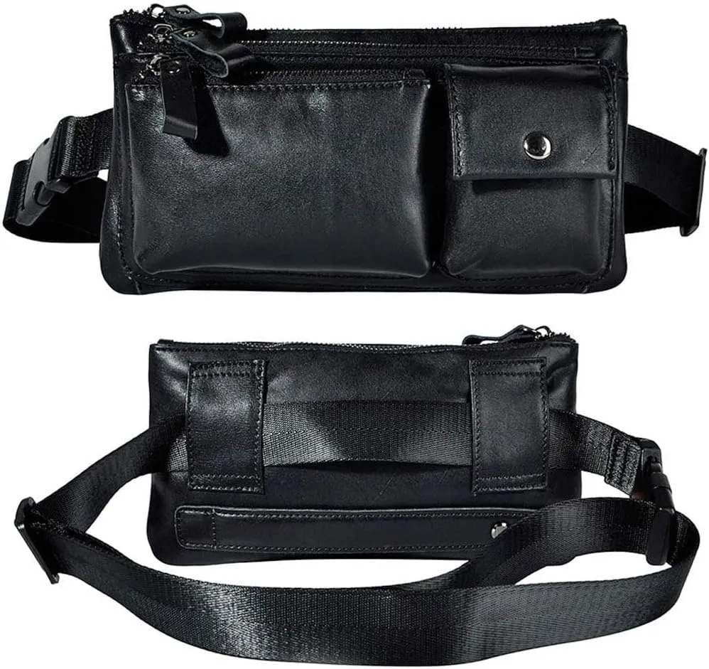 KPYWZER Vintage Leather Waist Bag Fanny Pack for Men Women Hip Bum Bag Belt Slim Cell Phone Purse Wallet Vintage Retro Crossbody Sling Pouch Black