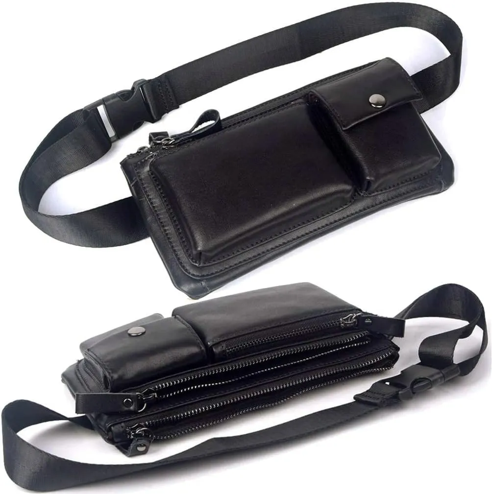 KPYWZER Vintage Leather Waist Bag Fanny Pack for Men Women Hip Bum Bag Belt Slim Cell Phone Purse Wallet Vintage Retro Crossbody Sling Pouch Black