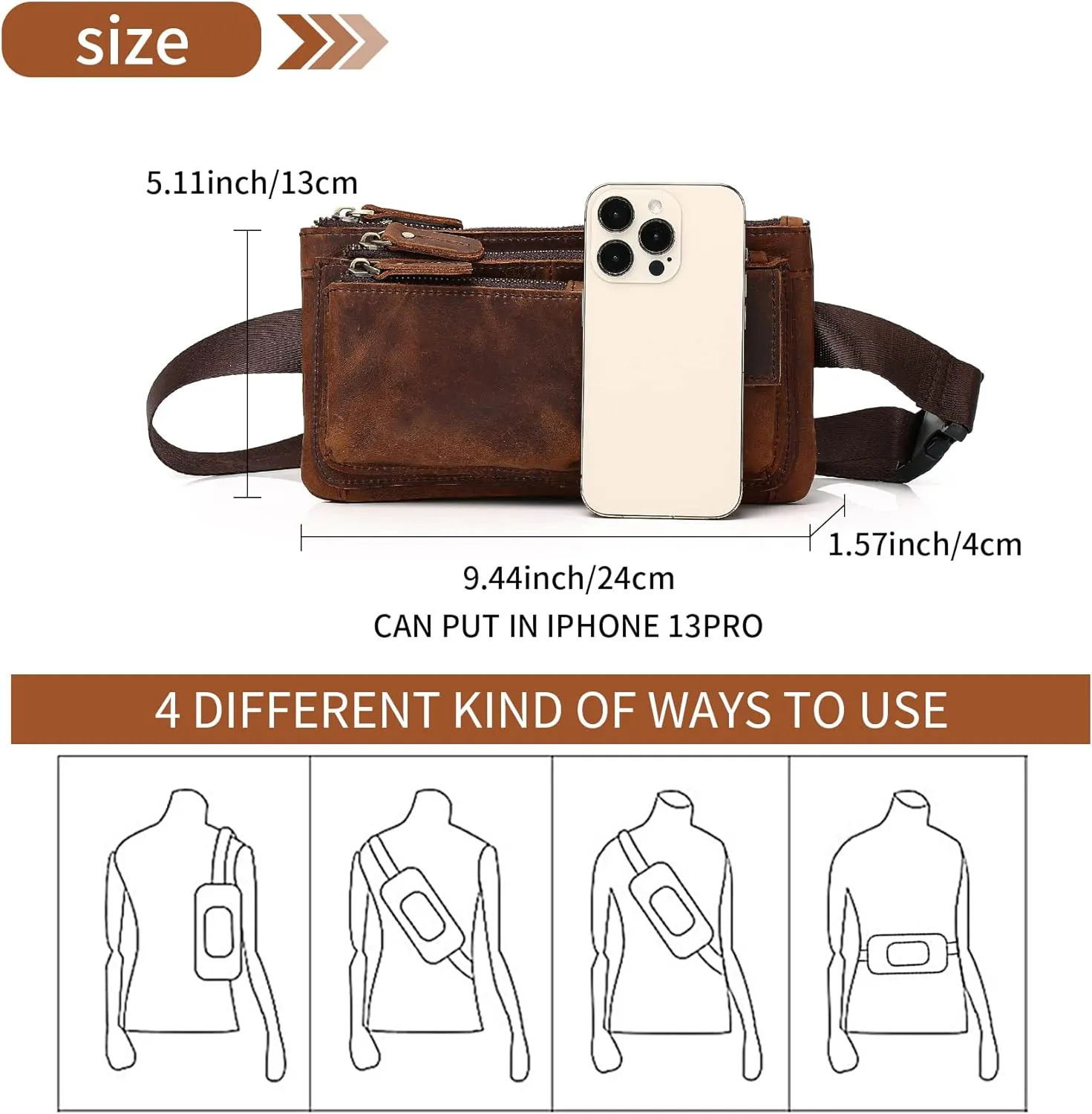 KPYWZER Vintage Leather Waist Bag Fanny Pack for Men Women Hip Bum Bag Belt Slim Cell Phone Purse Wallet Vintage Retro Crossbody Sling Pouch Deep Brown