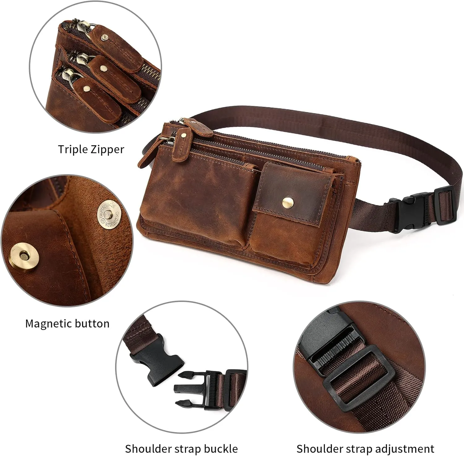 KPYWZER Vintage Leather Waist Bag Fanny Pack for Men Women Hip Bum Bag Belt Slim Cell Phone Purse Wallet Vintage Retro Crossbody Sling Pouch Deep Brown