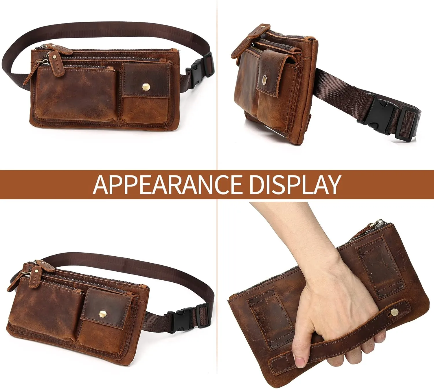 KPYWZER Vintage Leather Waist Bag Fanny Pack for Men Women Hip Bum Bag Belt Slim Cell Phone Purse Wallet Vintage Retro Crossbody Sling Pouch Deep Brown