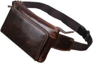 KPYWZER Vintage Leather Waist Bag Fanny Pack for Men Women Hip Bum Bag with Adjustable Strap for Outdoors Workout Traveling Casual Running Hiking Cycling Brown