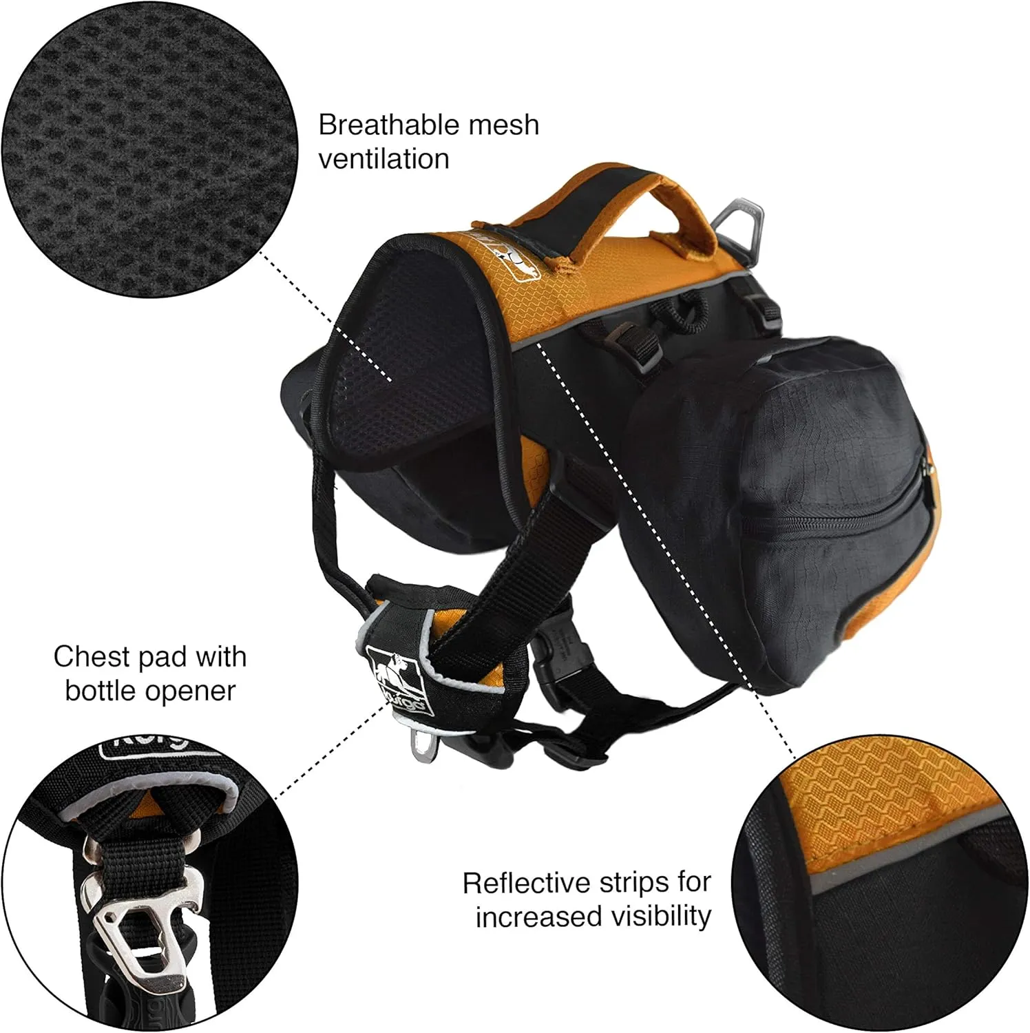 Kurgo Big Baxter Dog Backpack, Dog Saddlebag, Dog Pack, Adjustable Saddlebag for Hiking, Walking, Running, Camping, Black/Orange