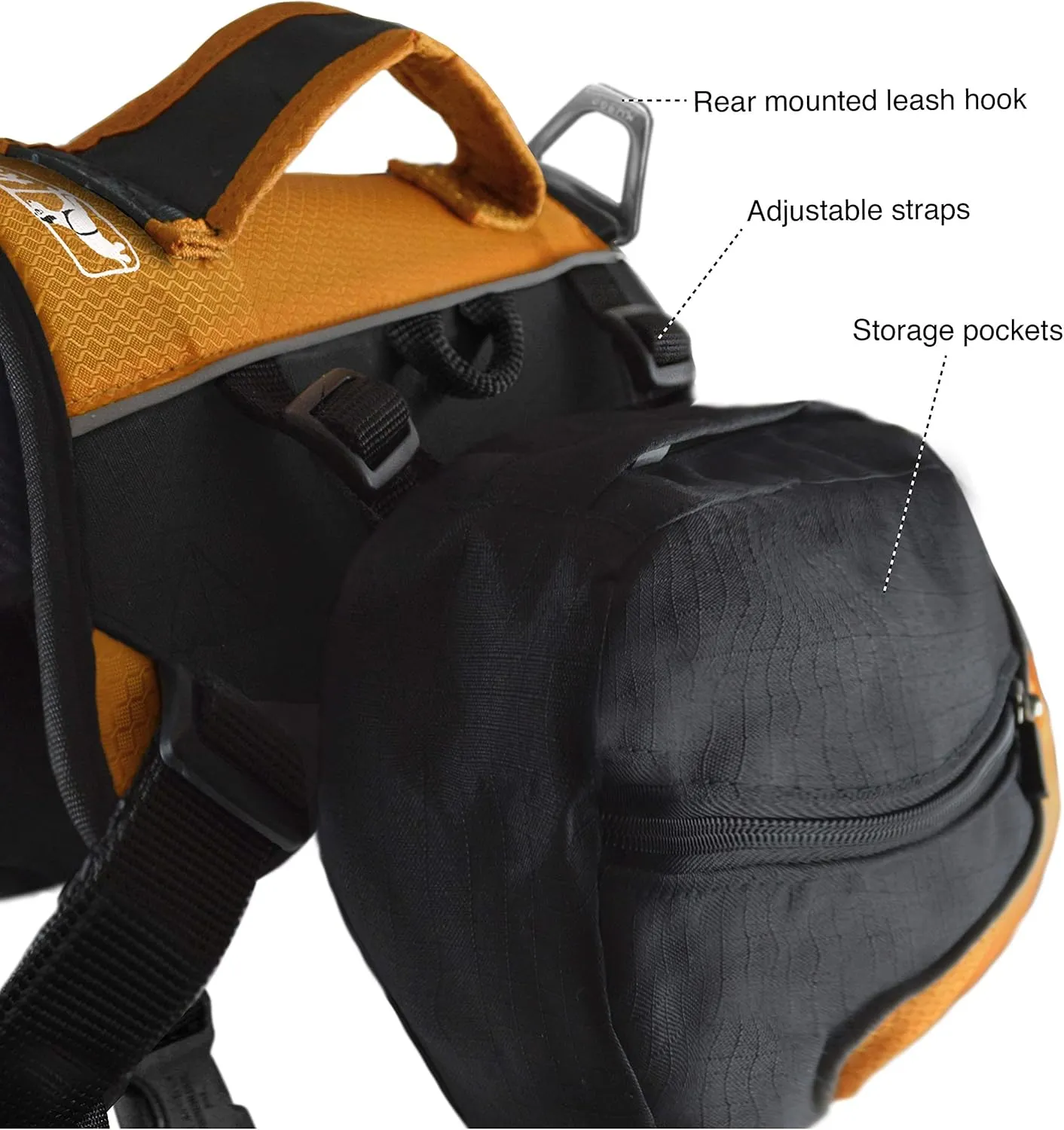 Kurgo Big Baxter Dog Backpack, Dog Saddlebag, Dog Pack, Adjustable Saddlebag for Hiking, Walking, Running, Camping, Black/Orange