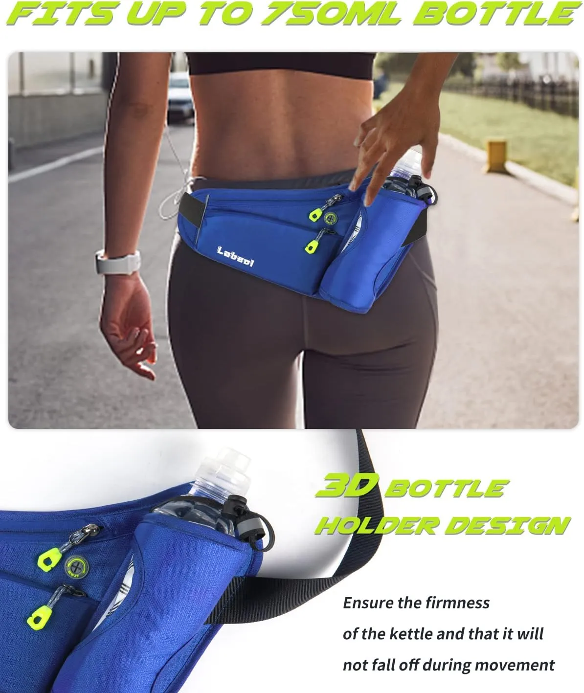 Labeol Running Belt with Water Bottles, Adjustable 2 Zipper Pockets Running Waist Pack Hydration Bag for Men and Women, Fanny Pack with Water Bottles for Hiking Climbing Jogging (Blue)