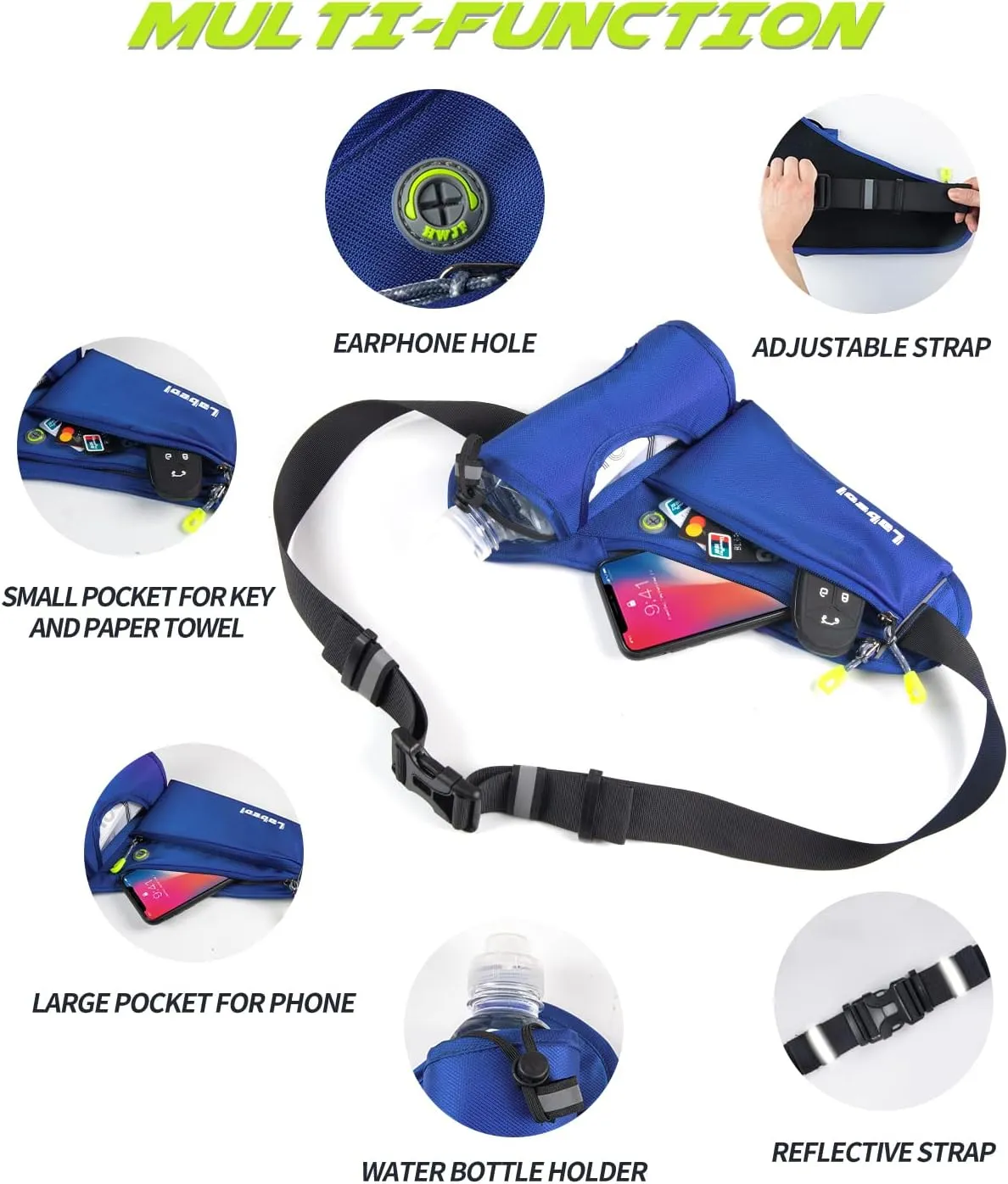 Labeol Running Belt with Water Bottles, Adjustable 2 Zipper Pockets Running Waist Pack Hydration Bag for Men and Women, Fanny Pack with Water Bottles for Hiking Climbing Jogging (Blue)