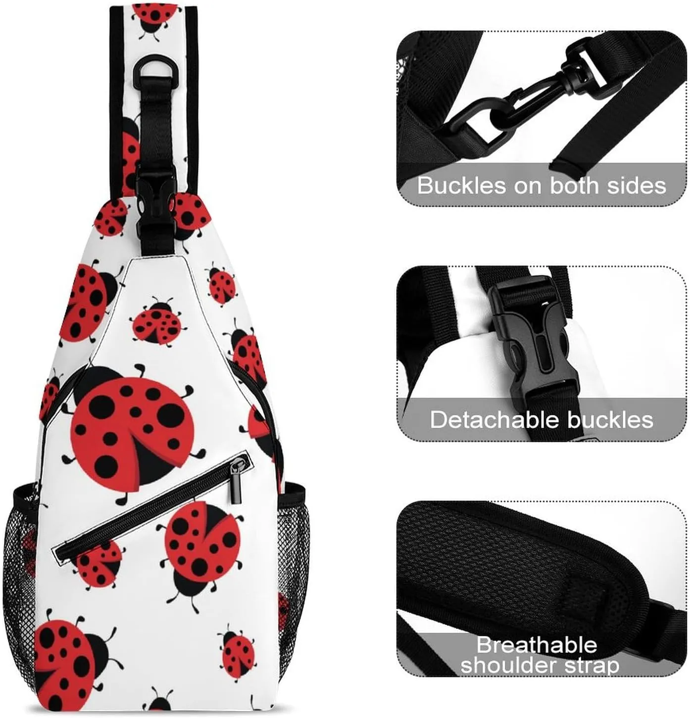 Ladybugs Red Black Dots White Sling Backpack Mans Woman Crossbody Backpack Chest Bag Cycling Daypack Hiking Bag Small Cross Body Bags Leisure Backpacks