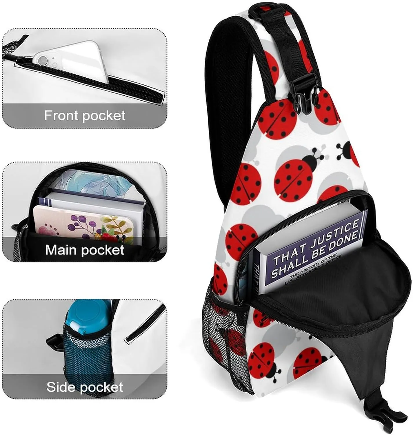 Ladybugs Red Black Dots White Sling Backpack Mens Women Crossbody Backpack Chest Bag Running Daypack Shoulder Bag Casual Daypacks Leisure Backpacks