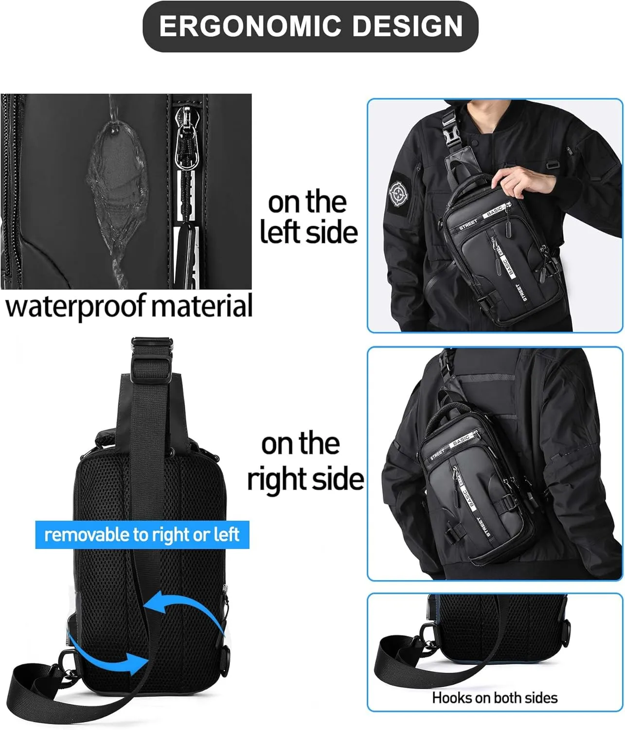 Large Black Sling Bag for Men, Shoulder Messenger Bag for Mens, Anti Theft One Strap Motorcycle Backpack Sling Chest Bag for Casual Hiking Walking Biking Travel Cycling Outdoor Sports