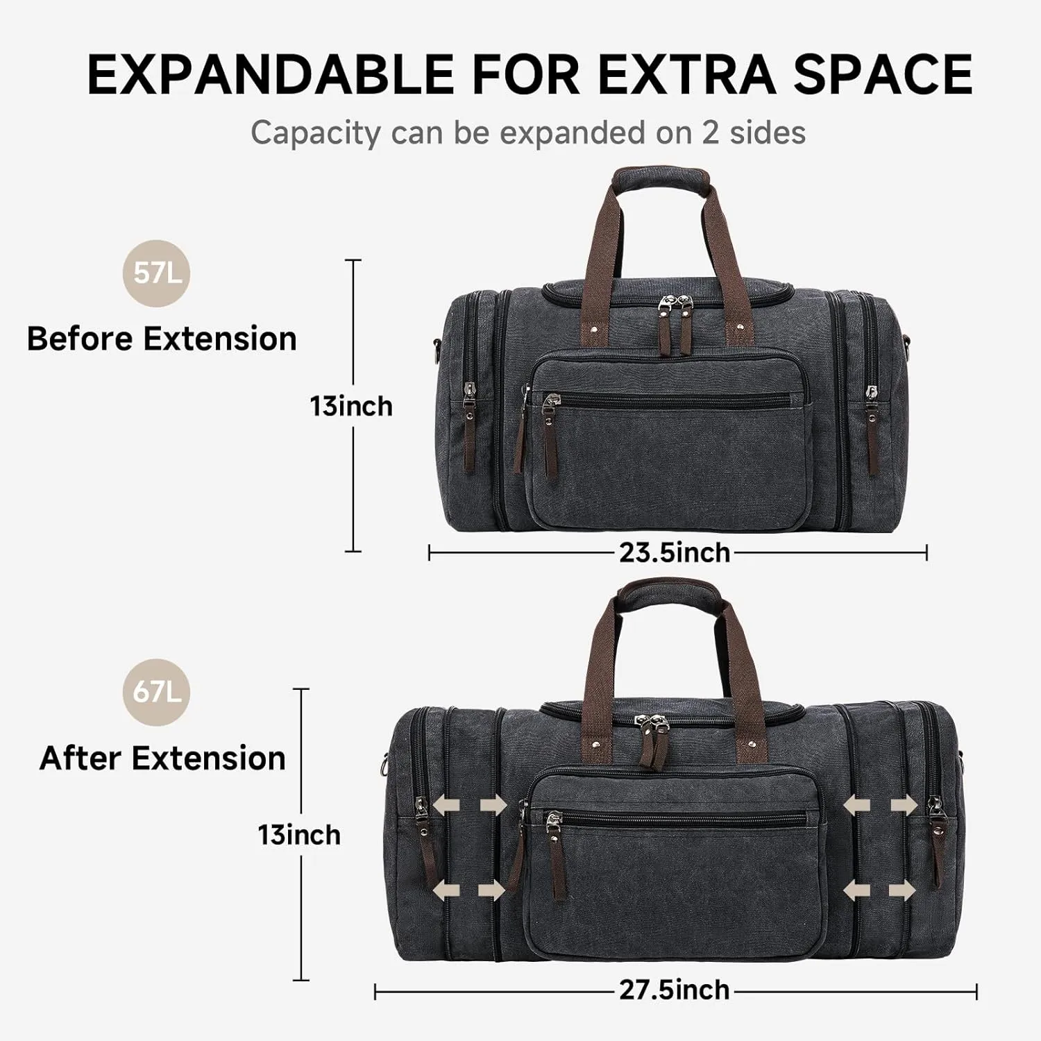 Large Canvas Travel Duffle Bag - Expandable to 67L, Durable Weekender for Men & Women - Ideal for Airplanes Travel, Gym, and Business(Dark Grey)