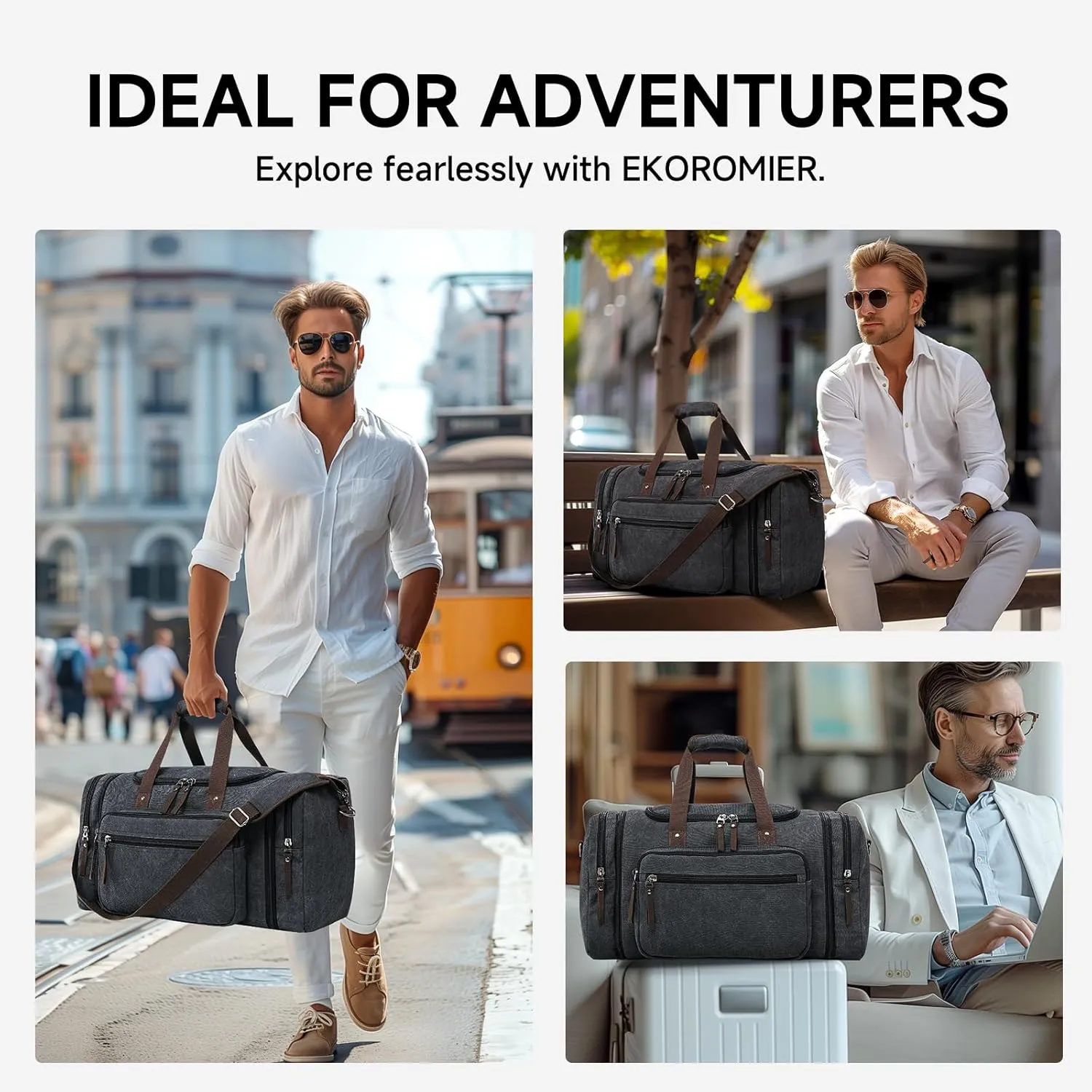 Large Canvas Travel Duffle Bag - Expandable to 67L, Durable Weekender for Men & Women - Ideal for Airplanes Travel, Gym, and Business(Dark Grey)