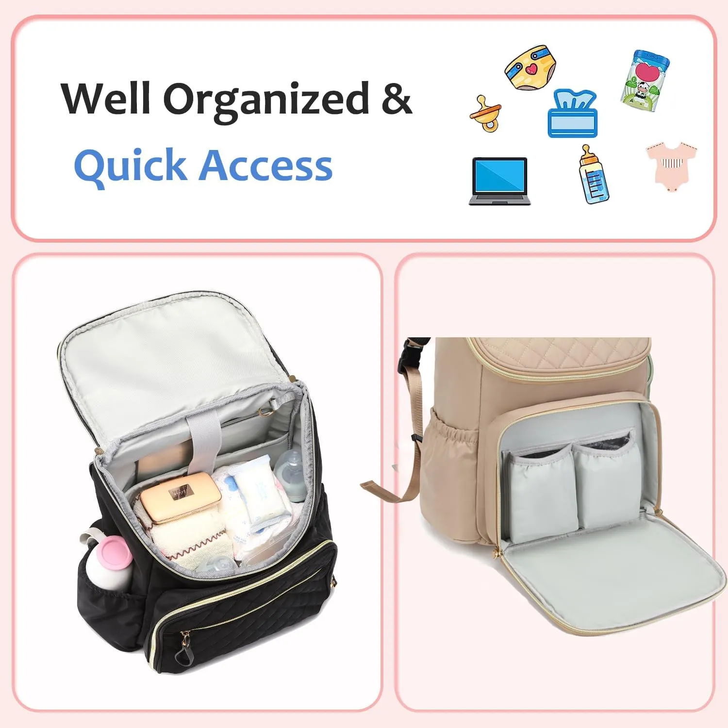 Large Capacity Diaper Bag with Stroller Buckle, Water-Resistant Travel Backpack with Insulated Pockets (Nylon, Light Mocha Mousse)