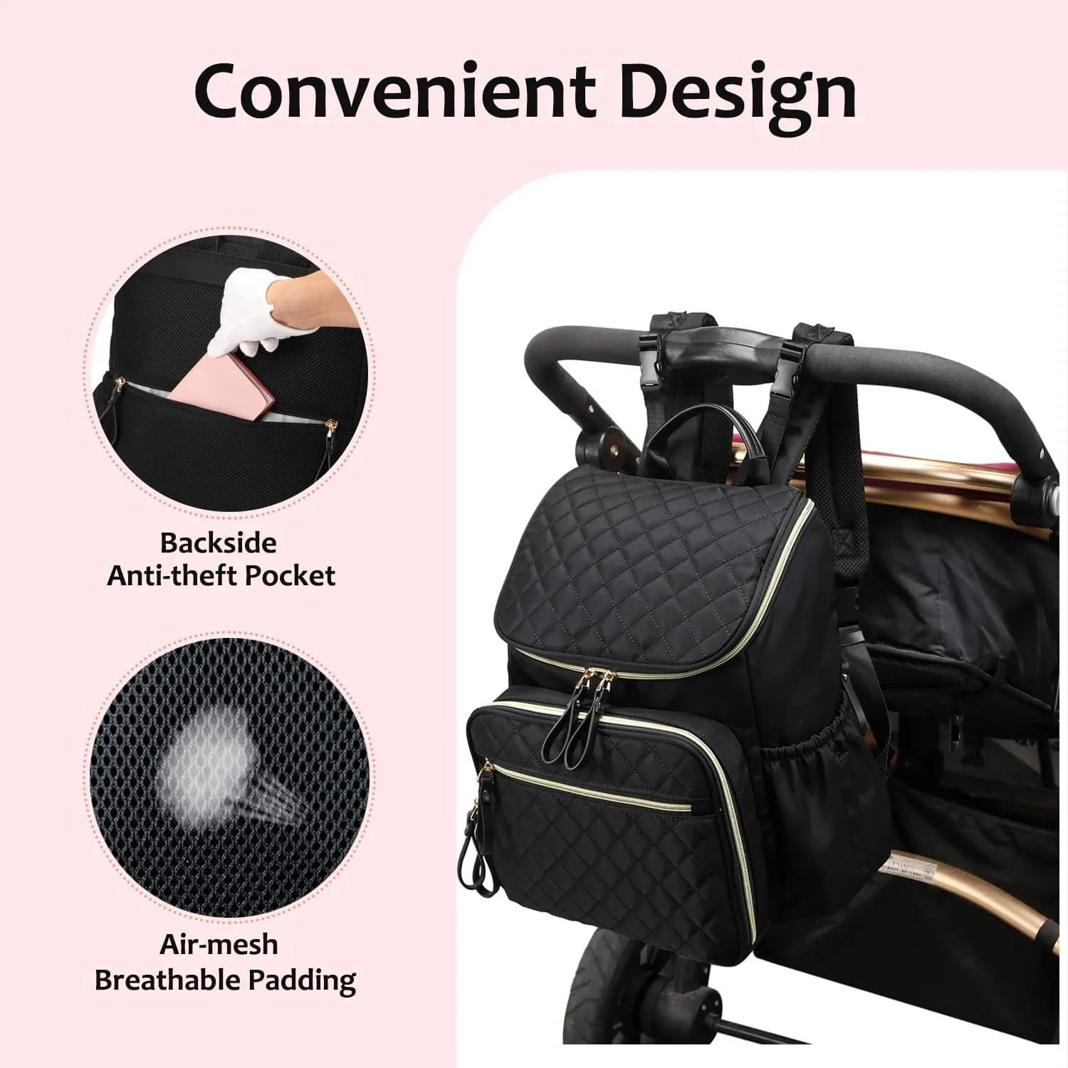 Large Capacity Diaper Bag with Stroller Buckle, Water-Resistant Travel Backpack with Insulated Pockets (Nylon, Light Mocha Mousse)