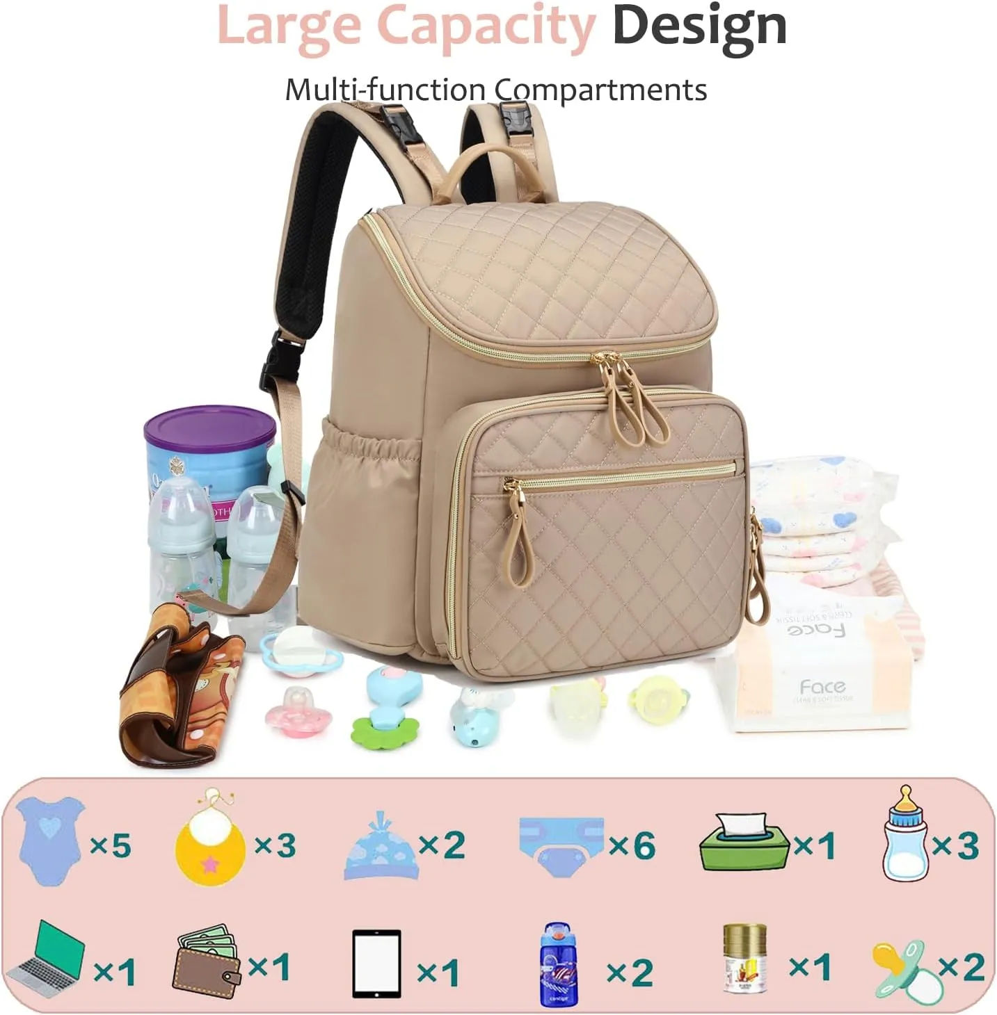 Large Capacity Diaper Bag with Stroller Buckle, Water-Resistant Travel Backpack with Insulated Pockets (Nylon, Light Mocha Mousse)