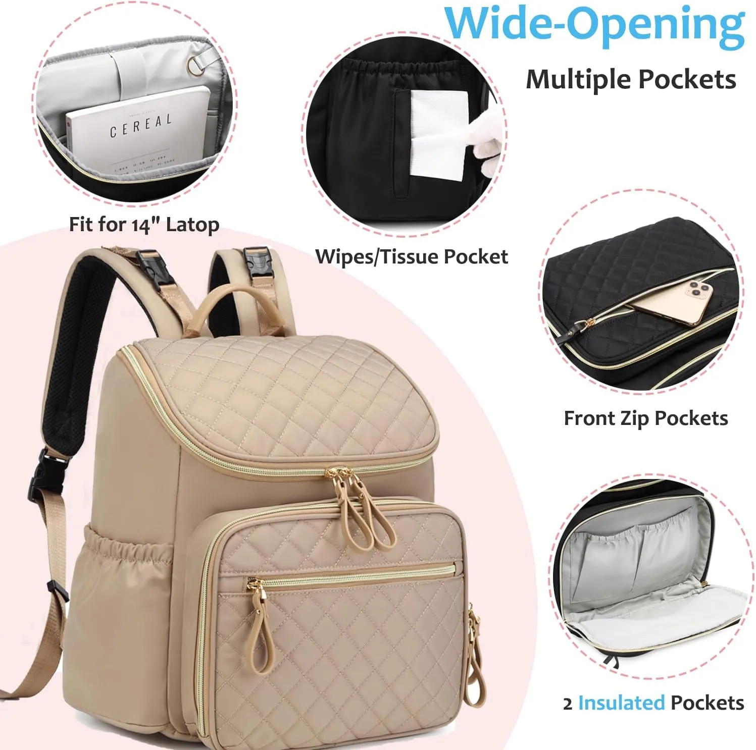 Large Capacity Diaper Bag with Stroller Buckle, Water-Resistant Travel Backpack with Insulated Pockets (Nylon, Light Mocha Mousse)