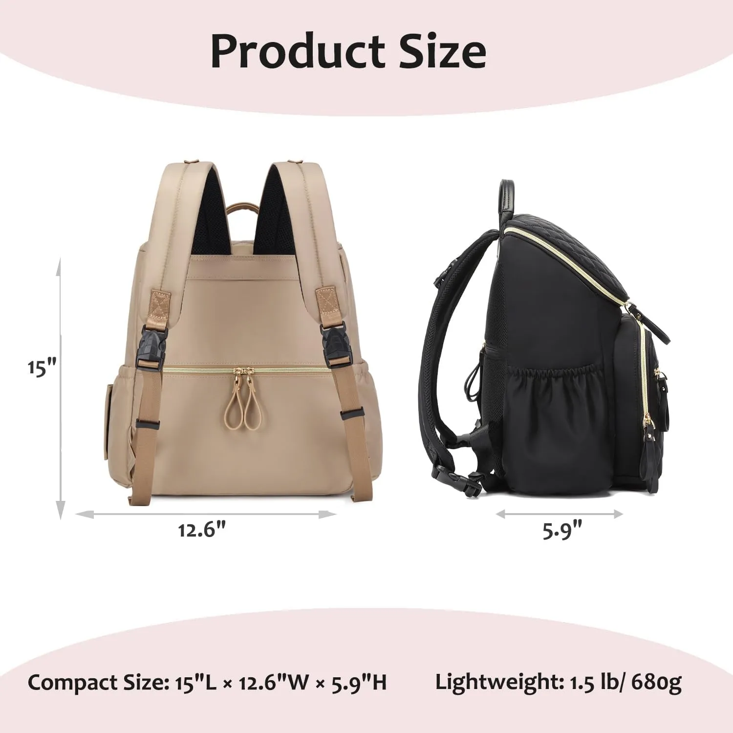 Large Capacity Diaper Bag with Stroller Buckle, Water-Resistant Travel Backpack with Insulated Pockets (Nylon, Light Mocha Mousse)