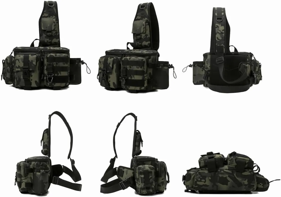 Large Capacity Outdoor Waterproof Fishing Tackle Bag Storage Gear, Fly Fishing Waist Satchel Bag with Rod Holder (E)