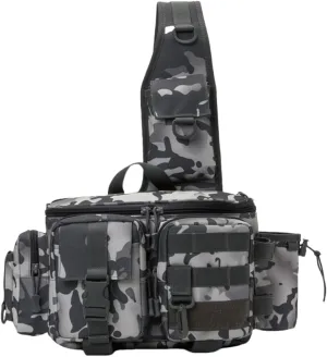 Large Capacity Outdoor Waterproof Fishing Tackle Bag Storage Gear, Fly Fishing Waist Satchel Bag with Rod Holder (E)