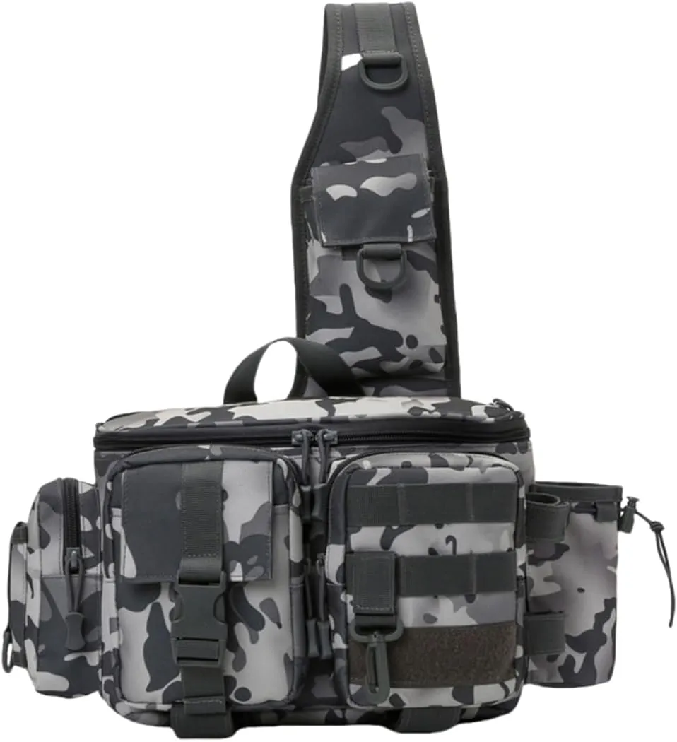 Large Capacity Outdoor Waterproof Fishing Tackle Bag Storage Gear, Fly Fishing Waist Satchel Bag with Rod Holder (E)