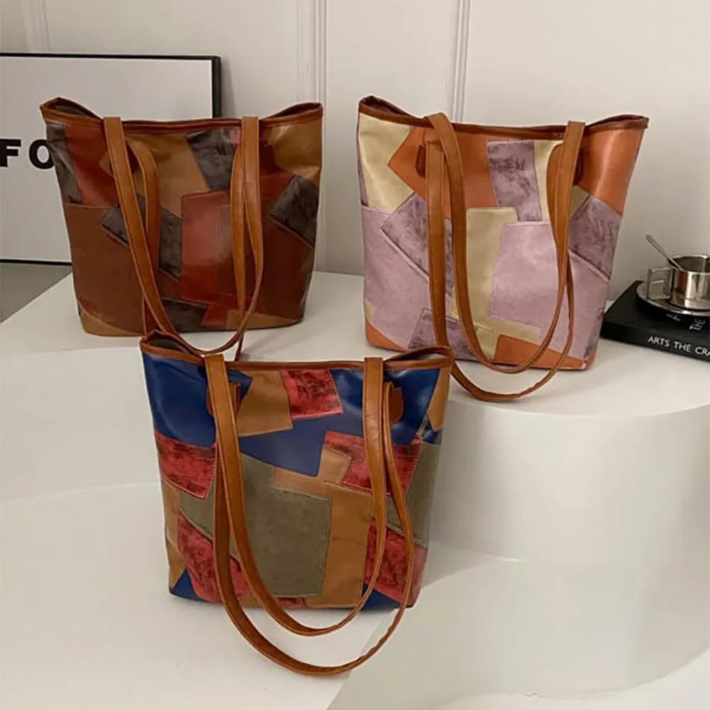 Large Capacity Top-Handle Handbag Tote, Retro Casual Colorful Geometric Pattern Satchel, PU Leather Fashion Shoulder Purse
