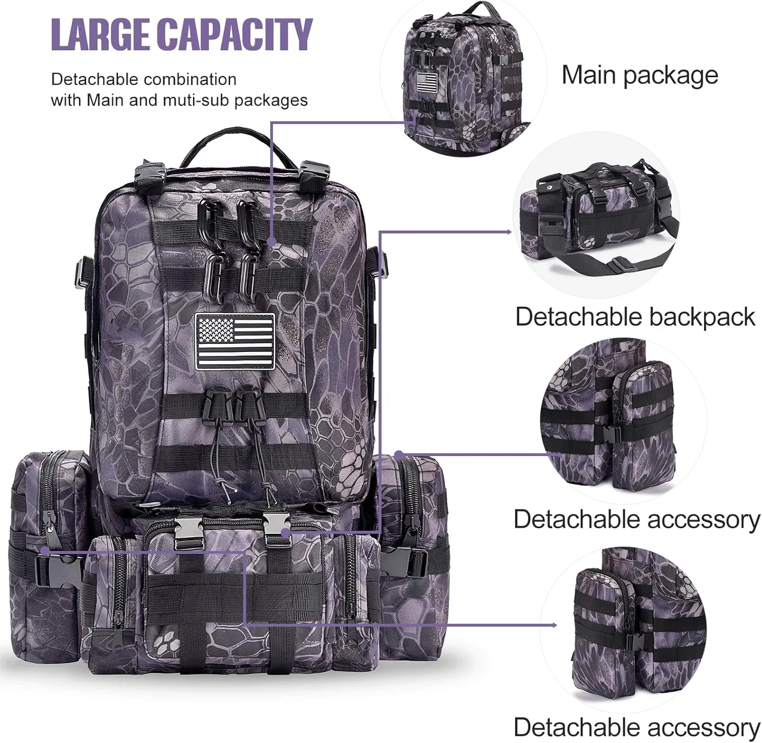 Large Military Tactical Backpack for Men, 40-50L Backpacks for Women, Bug out Bag Army 3 Days Assault Pack Bags Rucksack with Molle System Black Camouflage-2