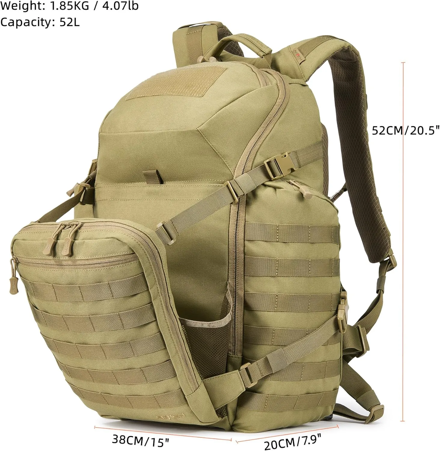 Large Tactical Backpack Military Army Daypack 3 Day Assault Pack Molle Rucksack Heavy Survival Bugout Emergency Bag 52L (Tan)