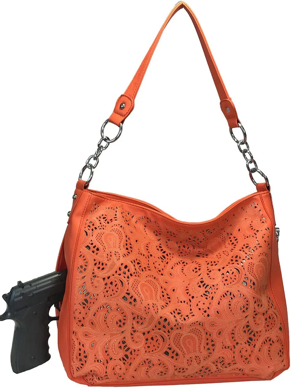 Laser Cut Bling Hobo fashion CCW Bag Faux Leather Concealed Carry Purse