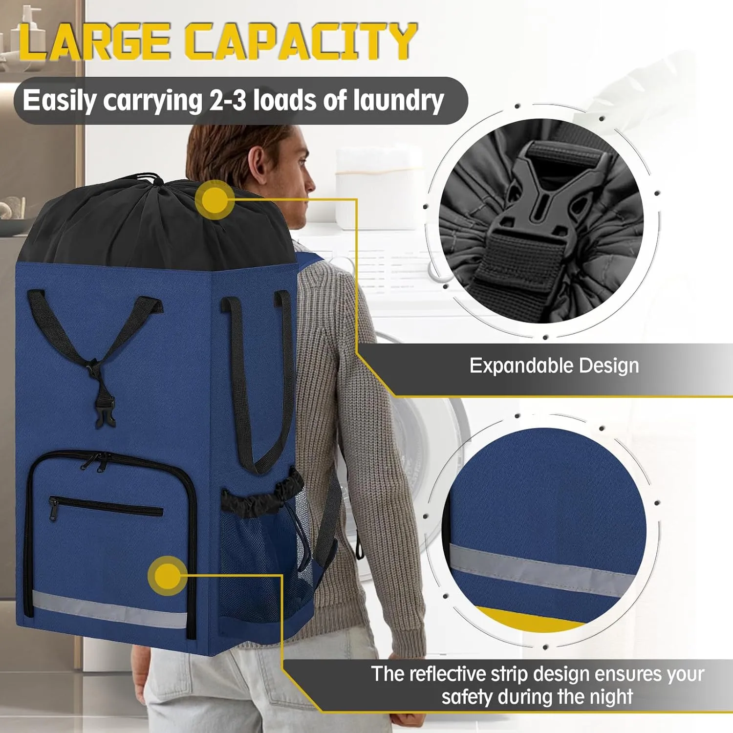 Laundry Bag Backpack,Extra Large Portable Freestanding Laundry Basket for College Dorm Essentials with Padded Shoulder Straps