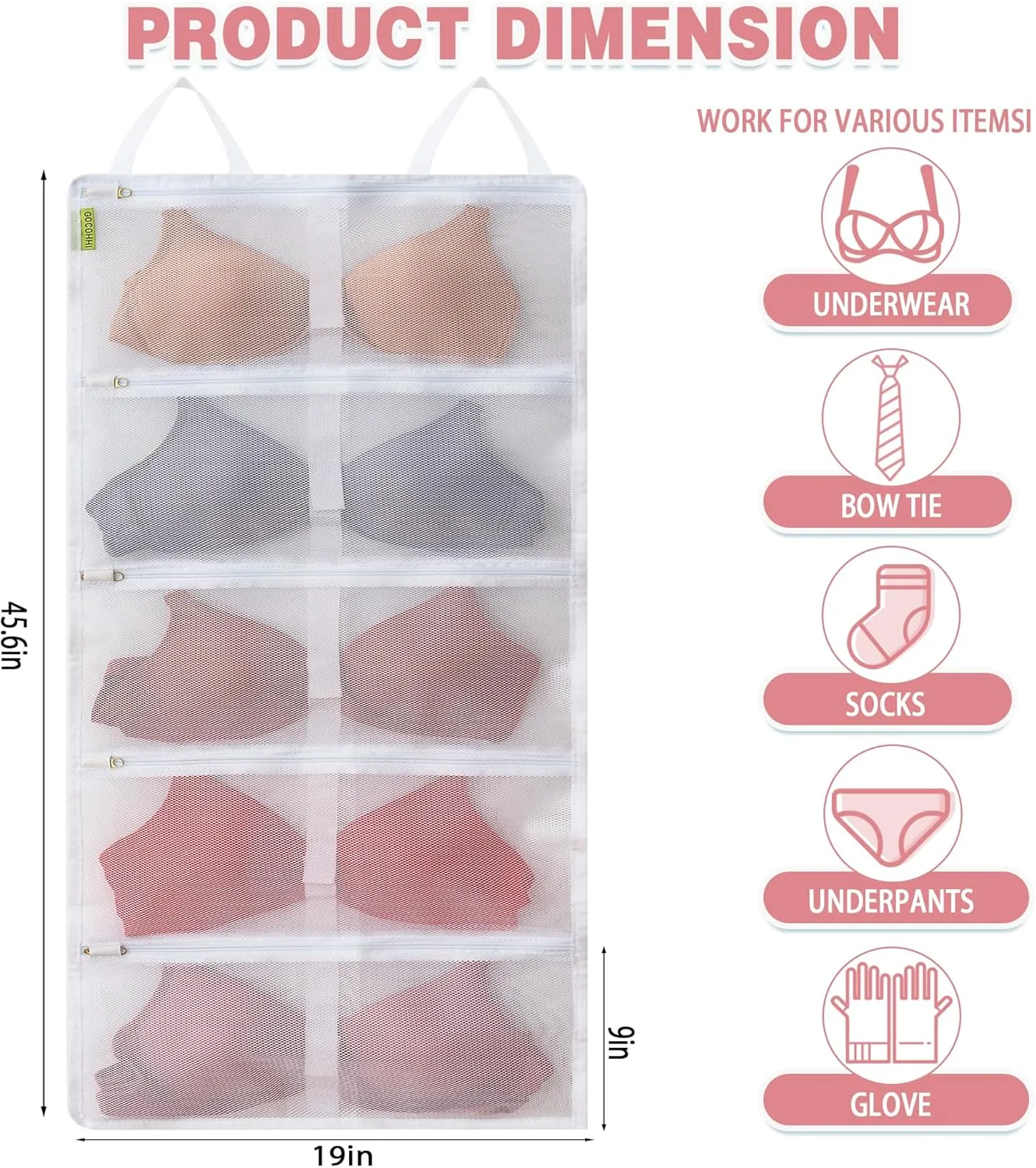 Laundry Bra Bag, 2 Pcs Bra Washing Bags, Lingerie Bags for Washing Delicates, Holds 10 D-F Cups Sizes, Underwear Brassiere Washing Bag with Zipper for Laundry Storage