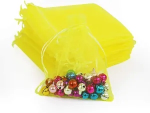 Lautechco 100Pcs Organza Bags - 3.5x4.5 inches Yellow Mesh Drawstring Bags for Gifts & Christmas