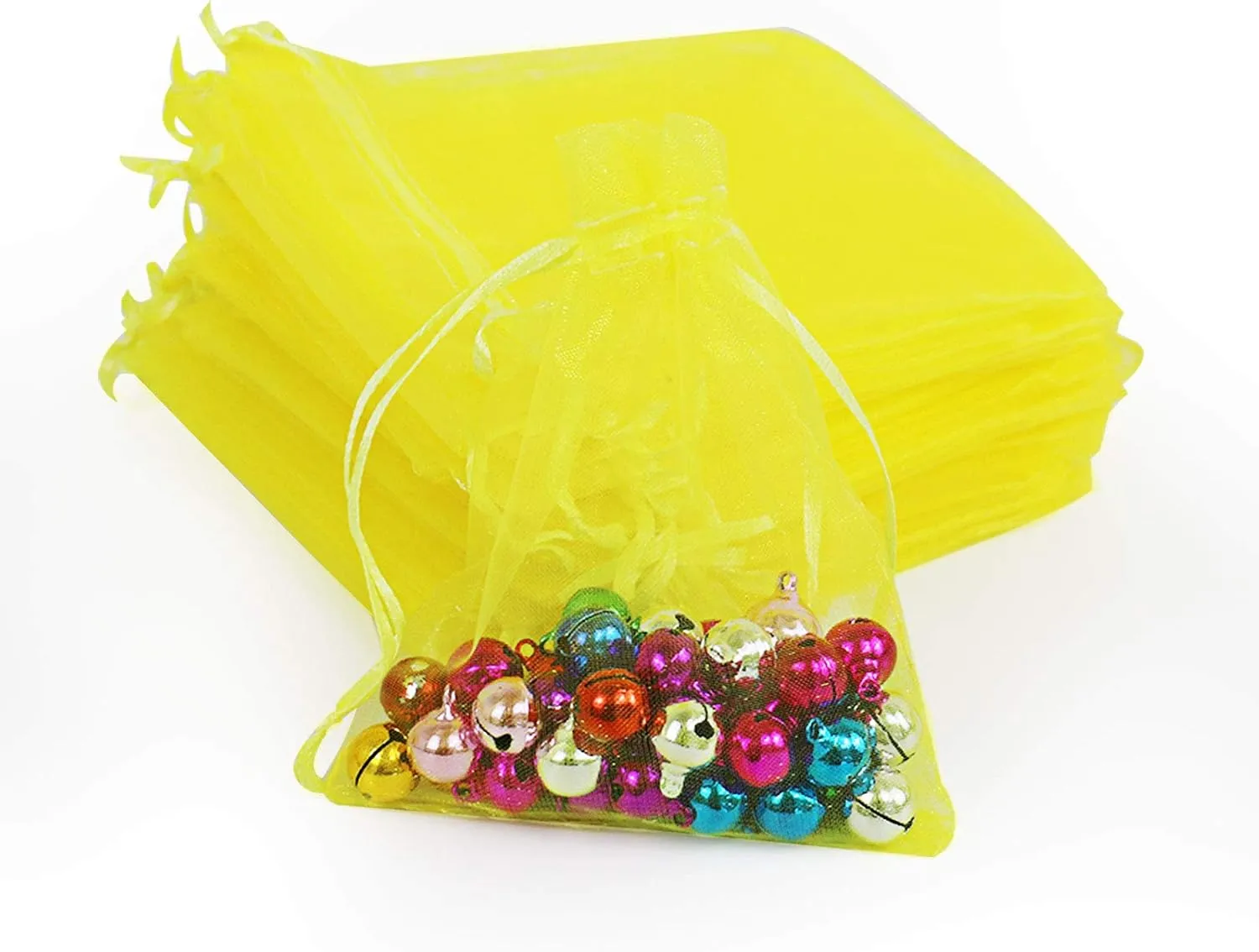 Lautechco 100Pcs Organza Bags - 3.5x4.5 inches Yellow Mesh Drawstring Bags for Gifts & Christmas