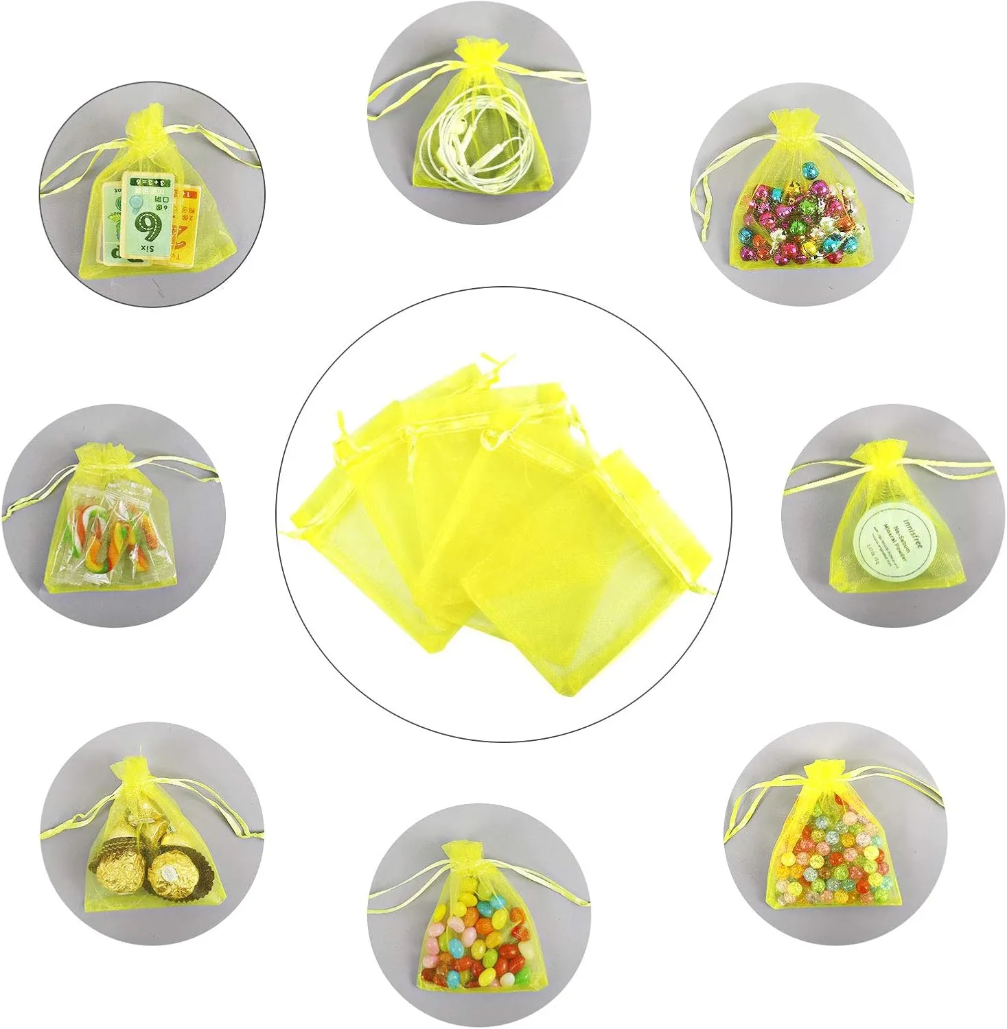 Lautechco 100Pcs Organza Bags - 3.5x4.5 inches Yellow Mesh Drawstring Bags for Gifts & Christmas