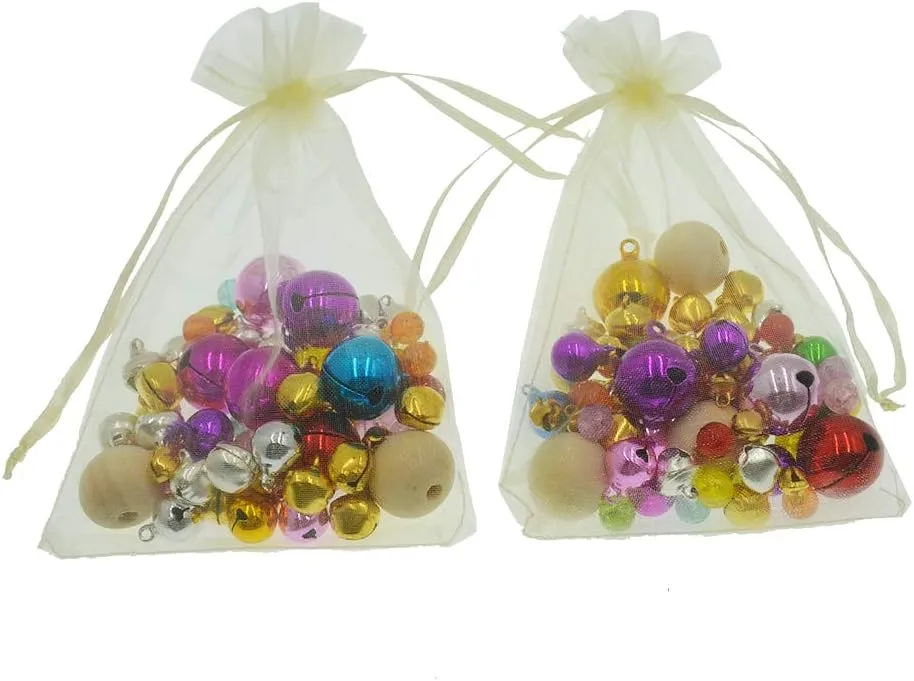 Lautechco 100Pcs Organza Bags - 3x4 inches Beige Mesh Drawstring Gift Bags for Christmas