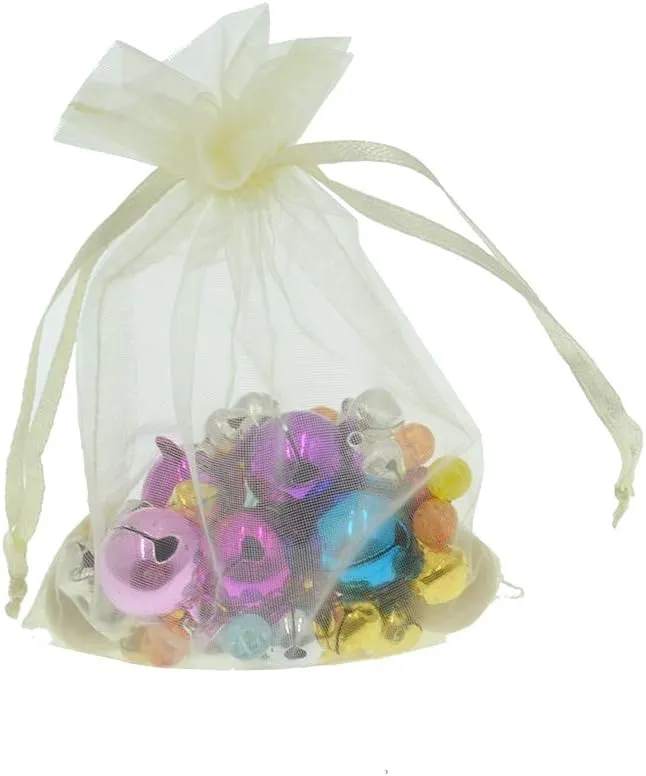 Lautechco 100Pcs Organza Bags - 3x4 inches Beige Mesh Drawstring Gift Bags for Christmas